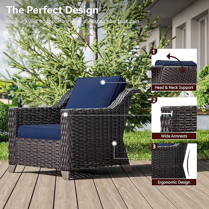 4 Pieces Wicker Patio Furniture, Luxury Outdoor Furniture with 2 Pieces Patio Rattan Chair, 2 Patio Ottoman, Wide Armrest, Thickened Cushions, Ideal for Deck, Porch Use