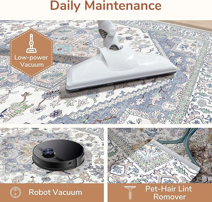 OPPODREAM Thin Area Rugs 9x12 Living Room, Washable Rugs 9x12 with Non Slip Backing, Faux Cashmere Low-Pile 9 x 12 Carpet, Purple & Green & Cream