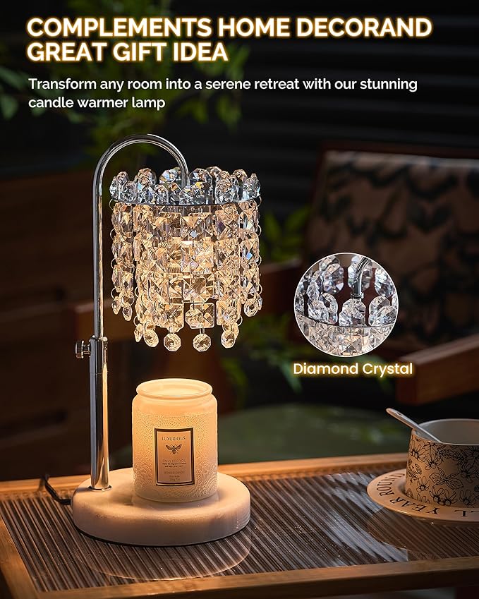 Candle Warmer Lamp with Timer Dimmer Adjustable Height Candle Warmer with Marble Base for Jar Candles, Crystal Candle Lamp with 3 Bulbs for New Home Decor, Women Mom Christmas Birthday Gifts, Silver