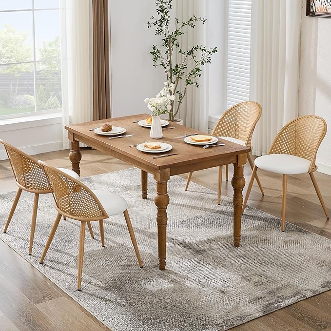 TYBOATLE Rattan Dinner Chairs Set of 4 with Faux Leather Cushion, Modern Dining Room Chairs w/Adjustable Foot Pads, Kitchen Boho Mid Century Upholstered, White