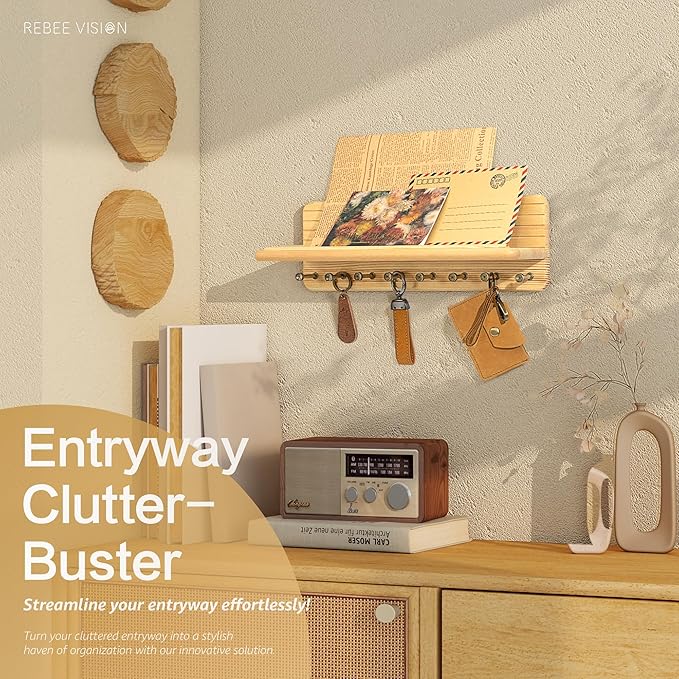 Farmhouse Key Holder Wall Mount for Office Decor – Rustic Key Hanger with 8 Sturdy Hooks & Floating Shelf for Small Plant or Mail Storage – Wall Organizer for Entryway, Living Room (Natural Wood)