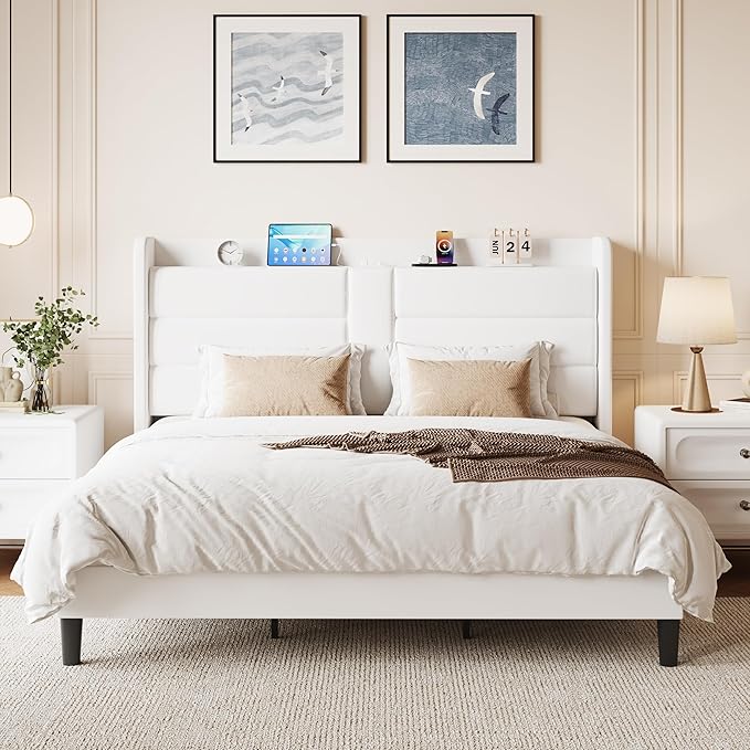 SHA CERLIN King Size Bed Frame with Charging Station & Storage Shelf, Velvet Upholstered Modern Platform Bed with Wingback Headboard, Wooden Slats Support, No Box Spring Needed, Easy Assembly, White