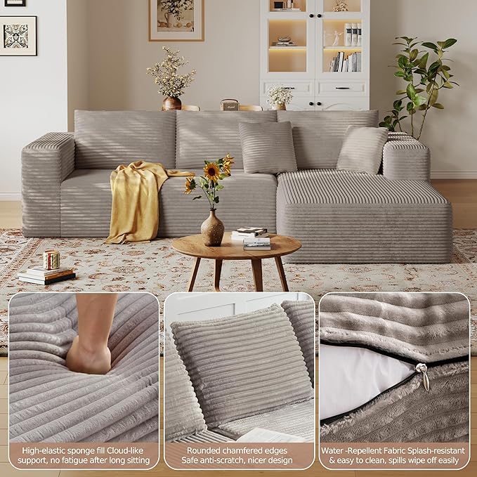 108'' Modular Sectional L-Shaped with Chair,Deep Seat Boneless Corner Couch for Living Room,Plush Corduroy Couch with Detachable Sofa Set,No Assembly(Right Facing Chaise,Camel)