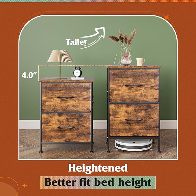 WLIVE Night Stand, Small Dresser with 2 Drawers & Wooden Top, Nightstand with Fabric Bins, Bedside Table End Table for Bedroom, Closet, Entryway, College Dorm, Rustic Brown