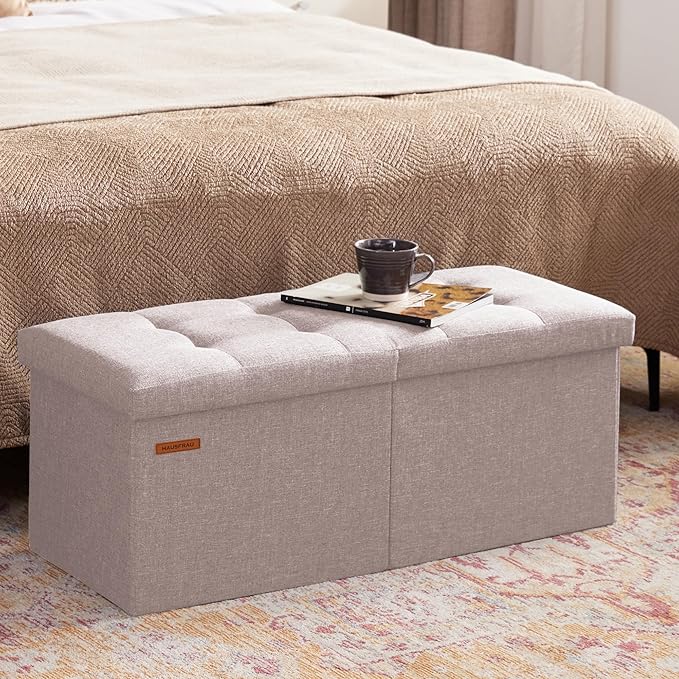 HAUSFRAU 31.5 Inches Ottoman with Storage Bench, Folding Ottoman Bench Small Foot Rest Stool, Bedroom Bench with Flipping Lid, Linen Mushroom Grey