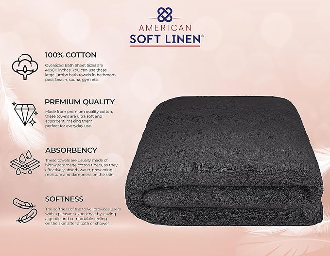 American Soft Linen Oversized Bath Sheet 40x80 Extra Large for Bathroom, 600 GSM 100% Cotton Turkish Jumbo Bathsheet Towels for Adults, Black Bath Sheet