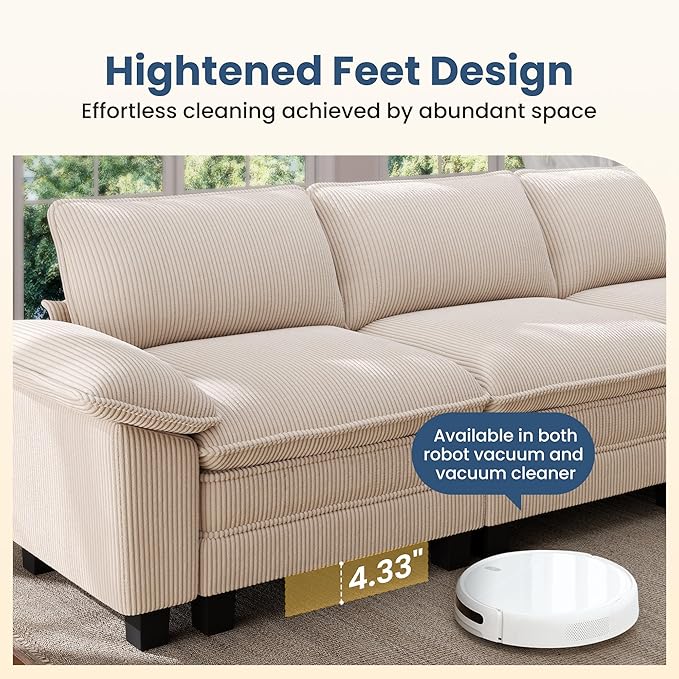 PHI VILLA Cloud Modular Couches Sets, 157.5" Sectional Sofa with Upholstered Deep Seat, 4-Seater Long Couches for Living Room Apartment, Corduroy Fabric, Beige