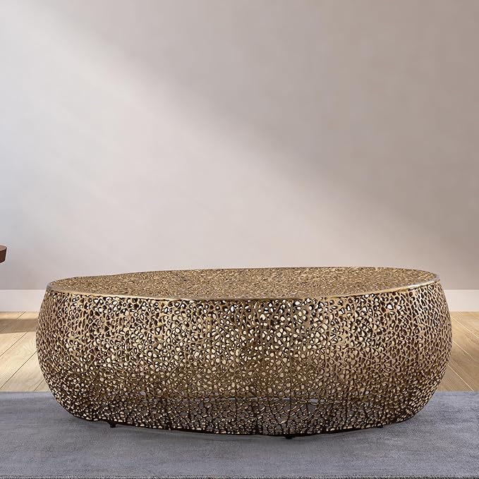 Modern Contemporary Oval-Shape 50" Coffee Table, Solid Aluminum intrigued Design, Mesh Cocktail Table, Creative Center Table for Living Room and Bedroom, Casted in Gold