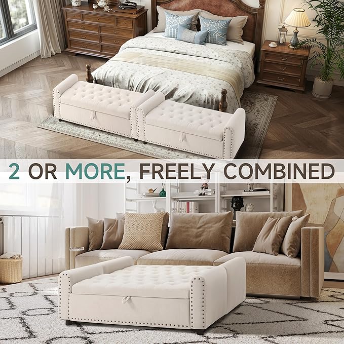 Ottoman with Storage, Tufted Storage Bench for Bedroom, 48" Fabrics End of Bed Bench, Upholstered Entryway Shoe Benches with Rolled Arm & Inner Zipper, Window Ottomans Chest with Rivets, Beige