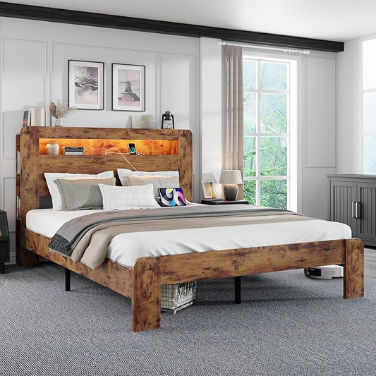 Queen Size Wooden Bed Frame with Bookcace Storage Headboard, Rustic Farmhouse Bedframe with LED Lights and Charging Station, Sturdy and Stable, Slat Support, No Box Spring Required (Brown, Queen)