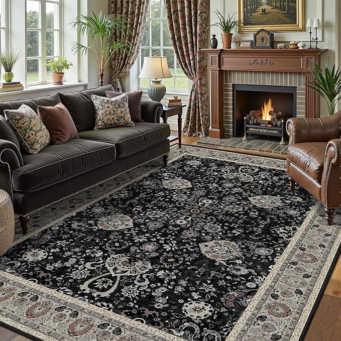 Floral Living Room Rug 5x7 Washable Rugs Boho Vintage Oriental Large Foldable Faux Wool Carpet for Bedroom Nursery Room Dorm Kids Playroom Home Office Blcak Navy Multi