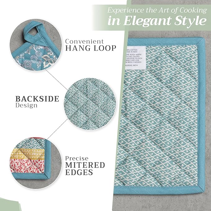 Maison d' Hermine Pot Holders 100% Cotton Heat Resistant Potholders 8" x 8" Hot Pads with Loop BBQ, Cooking, Baking, Grilling, Kitchen, Handling Hot Pans Spring/Summer (Pack of 1, Marquise)