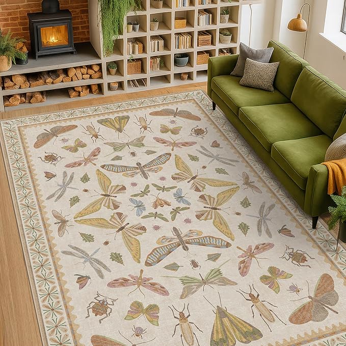 Beige Dining Table Rug - 6x9 Area Rugs for Bedroom, Living Room, Cute Kids Room, Large Fun Insect Butterfly Vintage Non-Slip Décor, Low Pile Stain Resistant