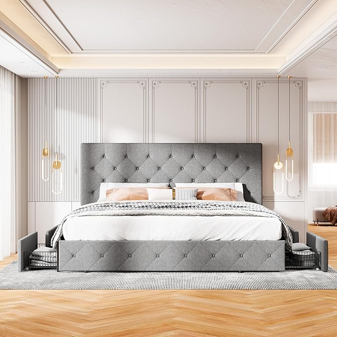 MUTICOR King Size Bed Frame with 4 Storage Drawers, Upholstered Platform Bed with Button Tufted Adjustable Headboard, No Box Spring Needed, Easy Assembly, Diamond Tufted, Light Grey Fabric