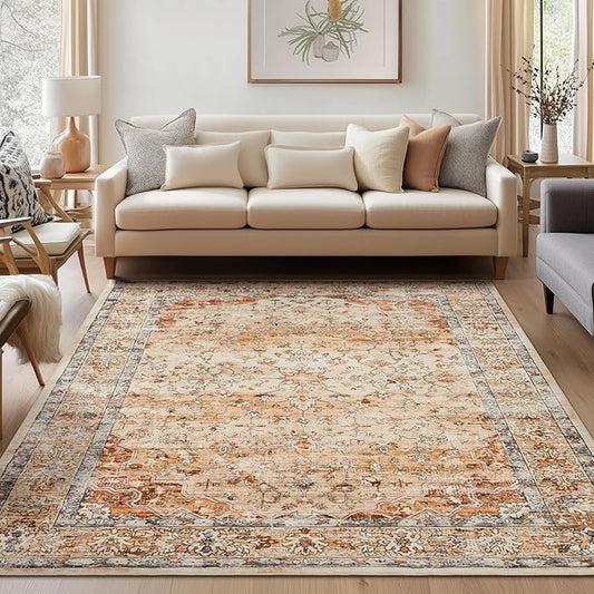 Boho Area Rugs 6x9 Machine Washable Living Room Rug Non Slip with Rubber Backing Soft Faux Fur Low Pile Stain Resistant Vintage Floral Carpet Rugs for Bedroom Dining Room Kids Room Office,Orange