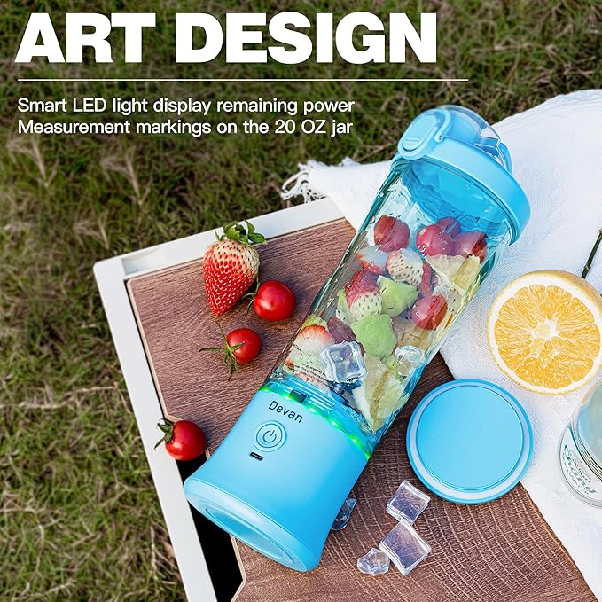 Portable Blender,270 Watt for Shakes and Smoothies Waterproof USB Rechargeable with 20 oz BPA Free and a Travel Lid. (Blue, 20 oz)