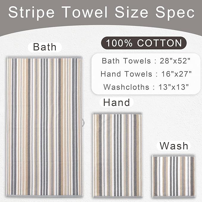 Cotton Towels Set of 6, 6PC Striped Towels - 100% Cotton & Quick Dry - 2 Soft Bath 28"x52", 2 Absorbent Hand 16"x27", 2 Lightweight Washcloth 13"x13", Tan Body Towel with Hanging loop, Gray + Beige