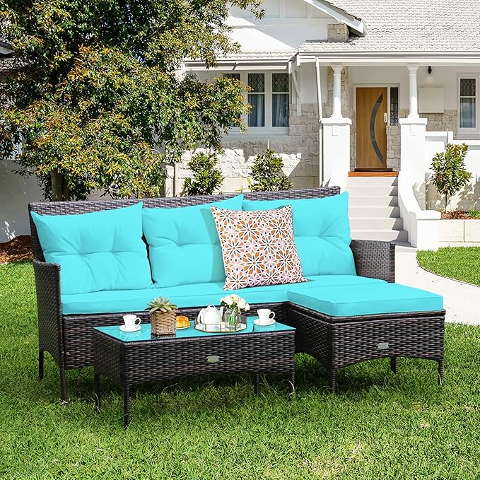 Tangkula 3 Pieces Patio Conversation Set, Outdoor PE Rattan Wicker Furniture Set W/Cozy Cushions, All Weather Sectional Sofa Set W/Tempered Glass Coffee Table for Poolside, Backyard, Garden