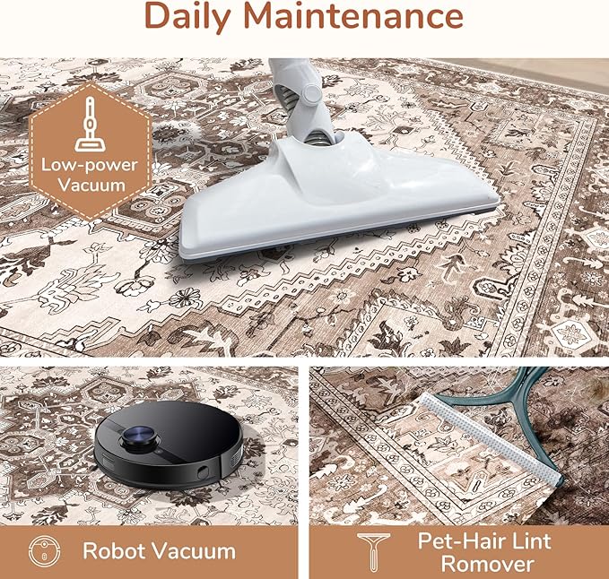 OPPODREAM Thin 6x9 Area Rugs, Washable Rug 6x9 with Non Slip Backing, Faux Cashmere Low-Pile 6 x 9 Carpet, Brown