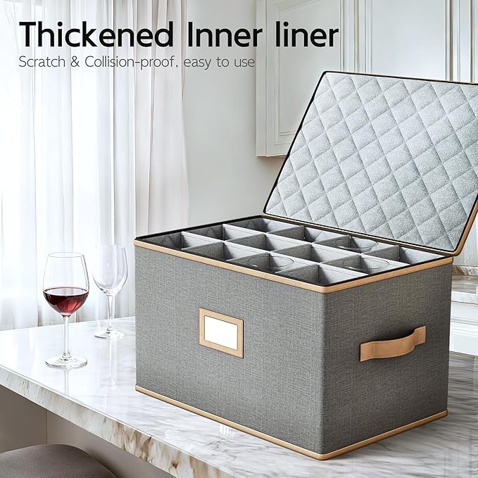 Wine Glass Storage Box with Dividers, Quilted Hard Shell Organizer for Stemware and Glassware Sets, Ideal for Storage and Moving Supplies, 1-Pack, Grey