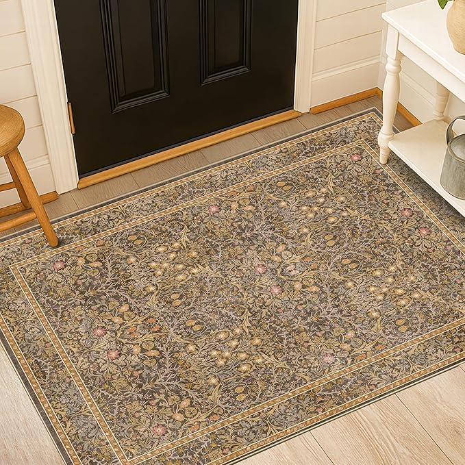 Vintage Brown 4x6 Area Rugs for Large Entryway, Bedroom Beside Rug, Kitchen, Mudroom, Non-Slip Low Pile Ultra Soft Stain Resistant Small Floral Carpet