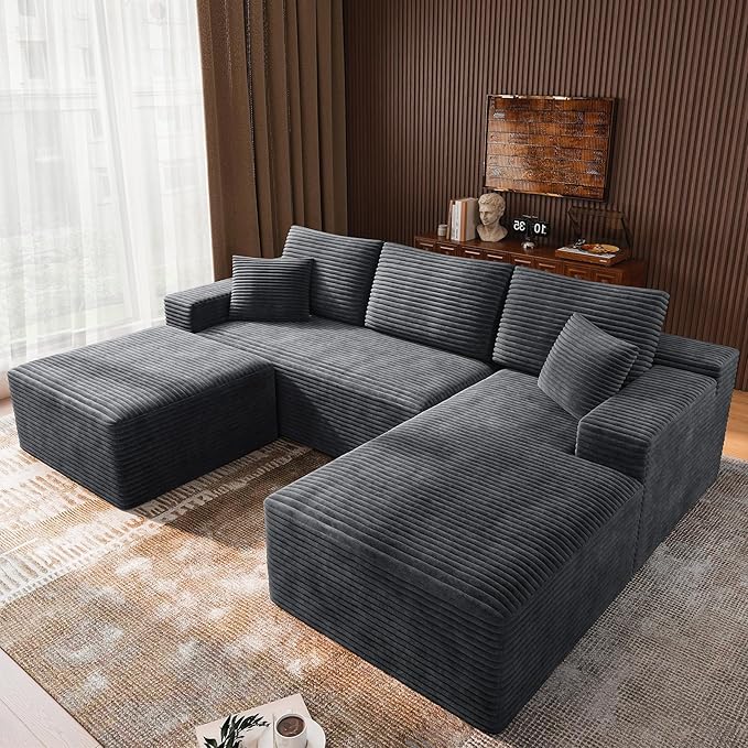 3-Piece Boneless Modular Sectional Sofa, Cloud Couch, Right Facing Chaise with Ottoman, Oversized Deep Seat, Soft Corduroy Fabric, Sectional Couch for Living Room-Grey