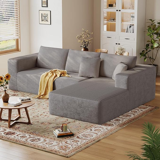 108'' Modular Sectional L-Shaped with Chair,Deep Seat Boneless Corner Couch for Living Room,Plush Corduroy Couch with Detachable Sofa Set,No Assembly(Right Facing Chaise,Camel)