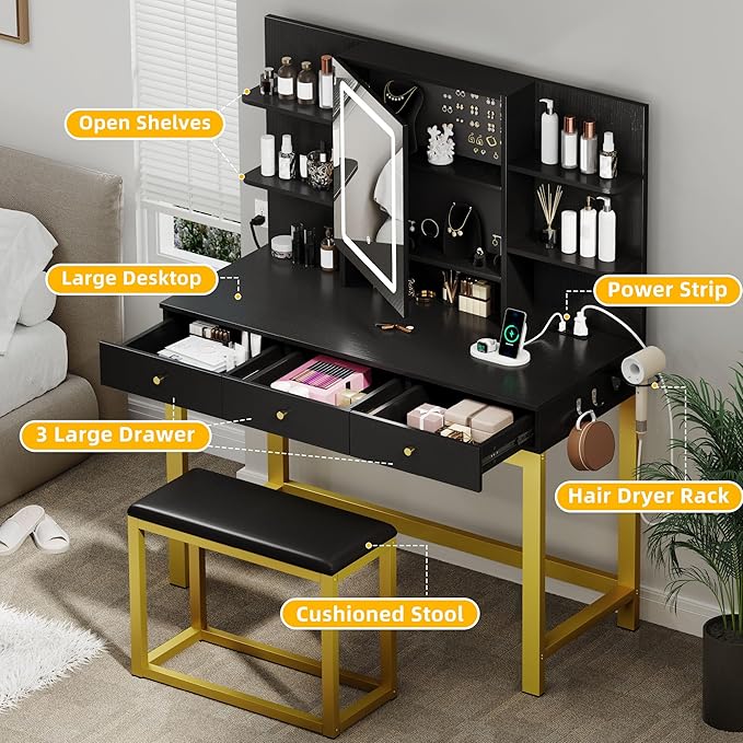 DWVO Vanity Desk with LED Lights Mirror & Power Outlet, Adjustable 3 Lights Modes, Makeup Table with Stool and Hidden Storage Shelves, 3 Drawers, Dressing Table Set with Chair, Upgraded, Black