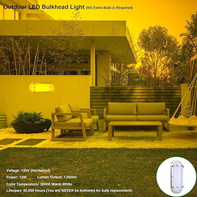 LIT-PaTH Outdoor Wall Lantern, LED Bulkhead for Wall Sconce Light, 12W, 1000 Lumen, 3000K Warm White, Aluminum Housing, PC Cover