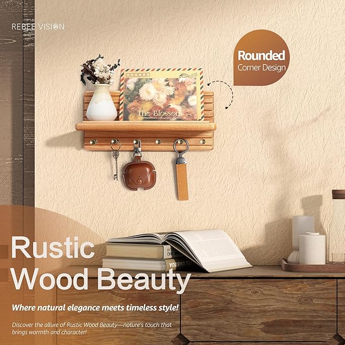 Rebee Vision Cedar Wood Key Holder Wall Mount – Farmhouse Wooden Key Holder for Wall with 6 Hooks & Floating Shelf - Farmhouse Home Decor Solution (Walnut)