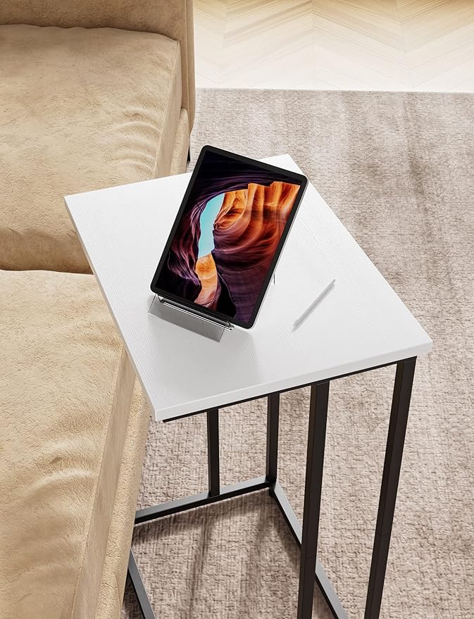 Innerjoin Wide C Side Table,C Couch Laptop Table with Metal Frames, Small Snack End for Sofa and Bed, Retro Table, Living Room Bedroom, Industrial Style, White