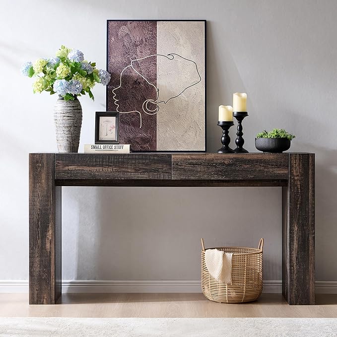 OKD Modern Entryway Console Table, Sofa Table with Drawers, 63" Long Hall Table Behind Couch, Thick Wood Design for Living Room, Hallway - Dark Rustic Oak