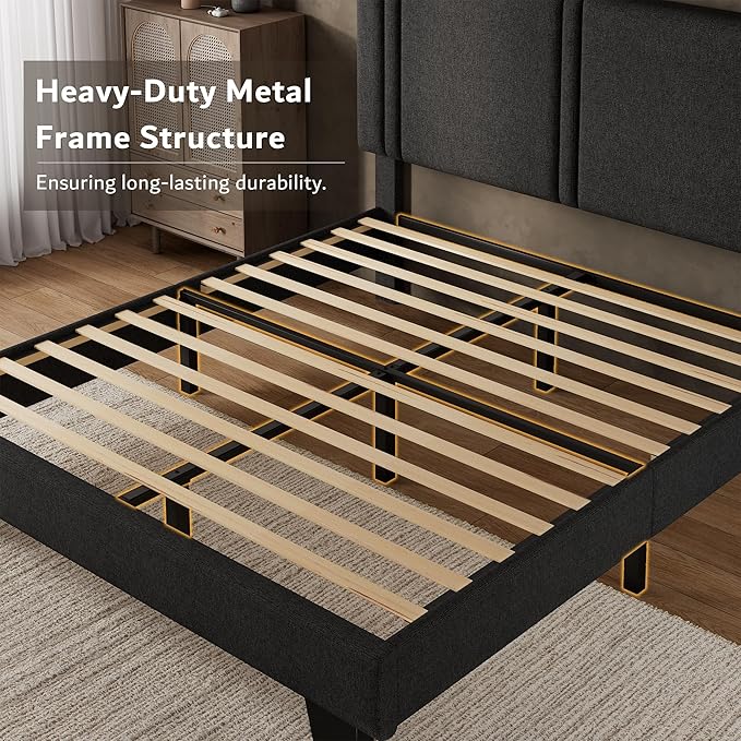 iPormis Full Platform Bed Frame with Fabric Upholstered Headboard & Thickened Legs, Mattress Foundation with Solid Wooden Slats Support, No Box Spring Needed, Noise Free, Dark Grey