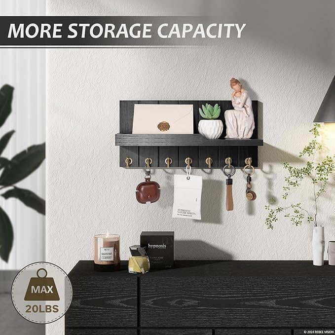 Rebee Vision Decorative Key and Mail Holder for Wall - Farmhouse 15 Inches Floating Shelf with 7 Sturdy Key Hooks for Home Entryway Wall Decor - Rustic Key Racks (Black)