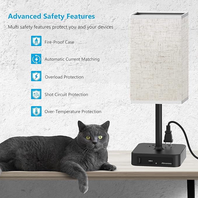 Touch Control Bedside Table Lamp with USB C & USB A Charging Port and 2 AC Outlet, Minimalist LED Desk Light with Charger Base Brown Fabric Shade for Bedroom/Nightstand/Office