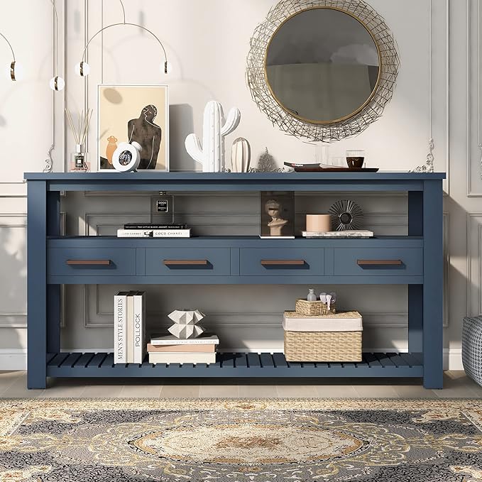 Modern 62'' Console Table Sofa Entryway Table with 4 Drawers and 2 Shelves, Acacia Wood Kitchen Buffet Cabinet Sideboard, Accent Table Furniture for Entryway Kitchen Living Room (Navy Blue-4DE)