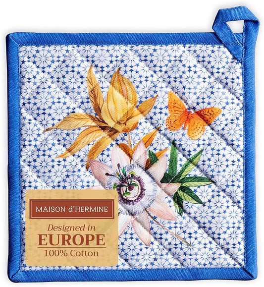 Maison d' Hermine Pot Holders 100% Cotton Heat Resistant Potholders 8" x 8" Hot Pads with Loop BBQ, Cooking, Baking, Grilling, Kitchen, Handling Hot Pans Spring/Summer (Pack of 1, Passiflora)