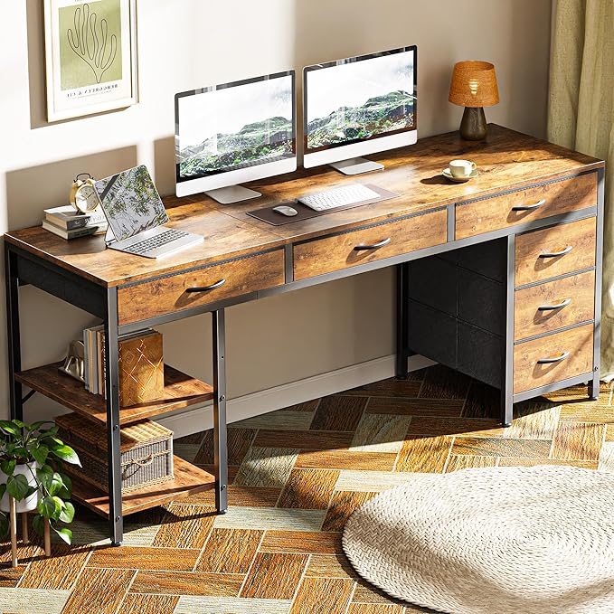 Huuger Computer Desk with 6 Drawers, 63 Inch Office Desk with Shelves, Reversible Gaming Desk, Corner Desk with Storage, for Home Office, Study, Living Room, Rustic Brown