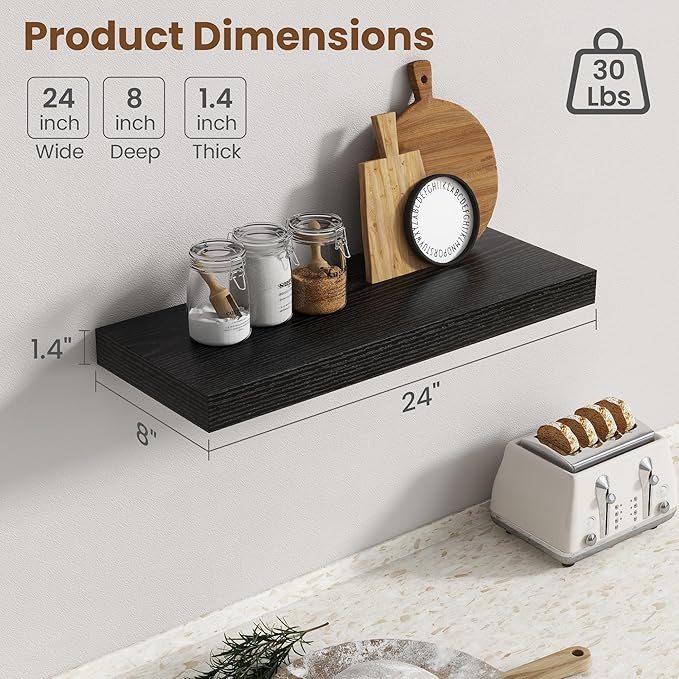 24 Inch Floating Shelves for Wall, 8 Inch Deep Floating Shelf for Storage & Display, Rustic Wall Mounted Shelf with Invisible Brackets for Living Room, Kitchen, Bathroom, Home Decor, Set of 2, Black