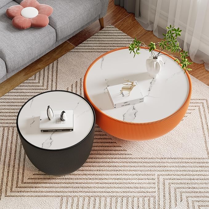 Round Coffee Table Set with Sintered Stone Tabletop, 29.53" Orange Drum Center Table and 19.69" Black Coffee Table Set, 2 Pieces Living Room Table Set with Fluted PU Leather Cover& Metal Base