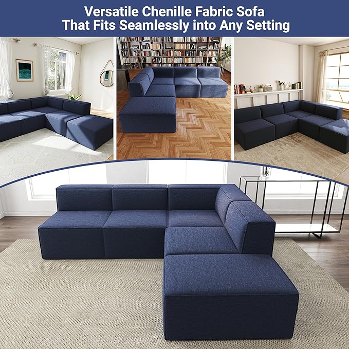 97"+57" 5-Piece Modular Sectional Sofa Convertible Cube Thick Couch 2 3 4 Seat Set, L-Shape, No Assembly for Living Room (3xArmless+1xCorner+1xOttoman) Fabric Chenille Blue