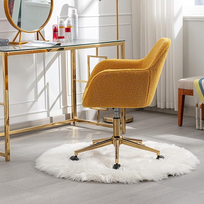 Goujxcy Fluffy Desk Chair, Faux Fur Vanity Chair Swivel Office Chair for Girls Women, Height Adjustable Cute Teddy Furry Makeup Chairs for Bedroom Home Office