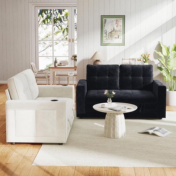 WorthFurni Convertible Sofa Bed, Folding Sofa Bed 2 in1 Pull Out Loveseat Sleeper Sofa, Floor Sofa Bed for Small Spaces Folding Couch Bed with Pillows for Living Room Bedroom - Black