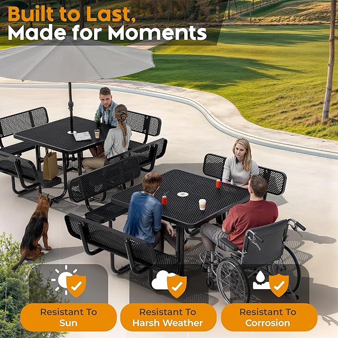 Metal Picnic Tables for Outdoors with Umbrella Hole - Coated Steel Heavy Duty Commercial Grade Furniture with Adjustable Seats (Black, 46 in, Square with Back, Expanded Steel)