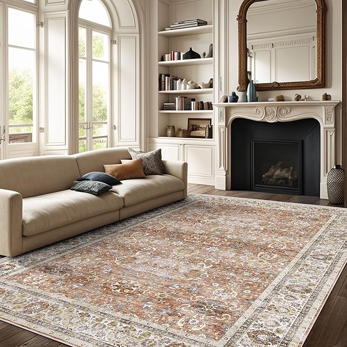 Deerly 6x9 Vintage Rugs for Dining Room, Washable Rugs Non Slip Large Area Rug for Living Room Bedroom Office, Floor Decoration Big Rug Mat Low-Pile Kid & Pet Friendly(Brick Red)