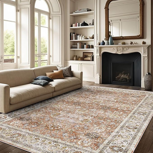 Deerly 6x9 Vintage Rugs for Dining Room, Washable Rugs Non Slip Large Area Rug for Living Room Bedroom Office, Floor Decoration Big Rug Mat Low-Pile Kid & Pet Friendly(Brick Red)