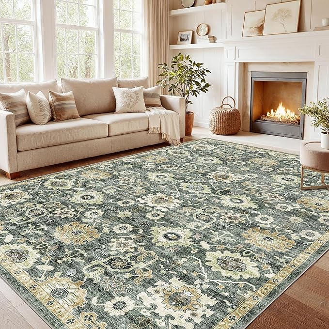 AMADA HOMEFURNISHING 8x10 Washable Area Rug, Low-Profile Large Area Rug with Non-Slip Backing & Durable Edge Binding, Vintage Large Rugs for Living Room, Bedroom, Dinning Room