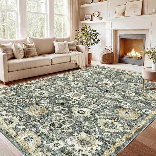 AMADA HOMEFURNISHING 8x10 Washable Area Rug, Low-Profile Large Area Rug with Non-Slip Backing & Durable Edge Binding, Vintage Large Rugs for Living Room, Bedroom, Dinning Room