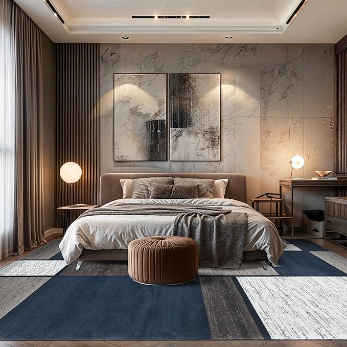 Rugshop Modern Geometric Boxes Navy Area Rug, Carpet with Jute Backing for Living Room, Large Bedroom, or Open Spaces, 9' x 12'