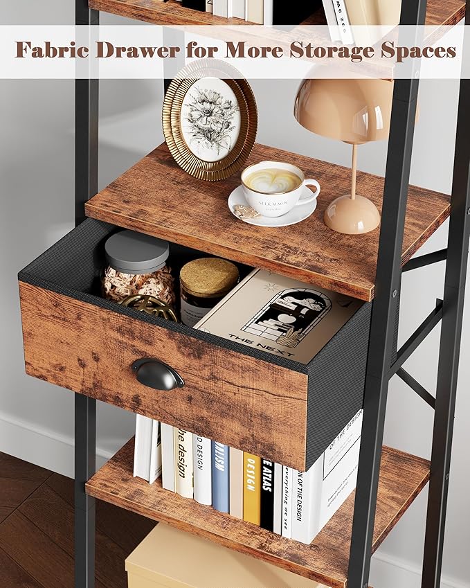 Furologee 4 Tier Ladder Shelf, Narrow Ladder Bookshelf with Drawer, Modern Freestanding Bookcase, Storage Shelves Organizer for Bathroom,Kitchen,Bedroom,Living Room,Rustic Brown